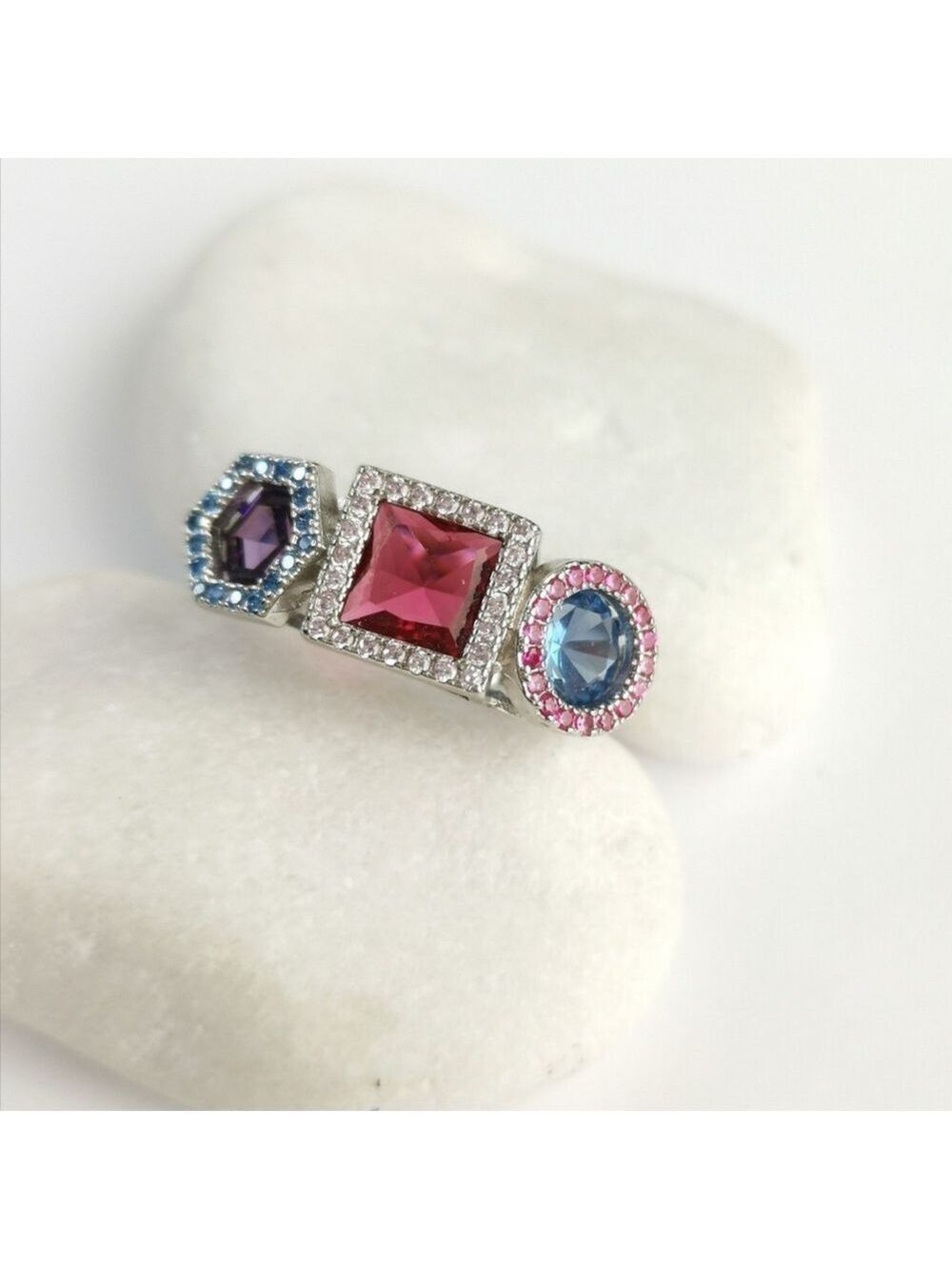 Modernist Cocktail Ring Amethyst Pink And Blue Topaz in Sterling Silver
